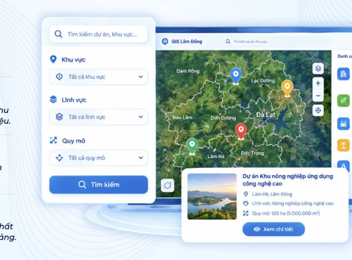 Bản đồ đầu tư số GIS tỉnh Lâm Đồng với bộ lọc khu vực, lĩnh vực và quy mô dự án